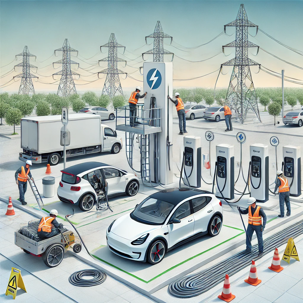 A detailed illustration of the construction of an electric vehicle (EV) charging station. The scene includes workers installing charging equipment, la