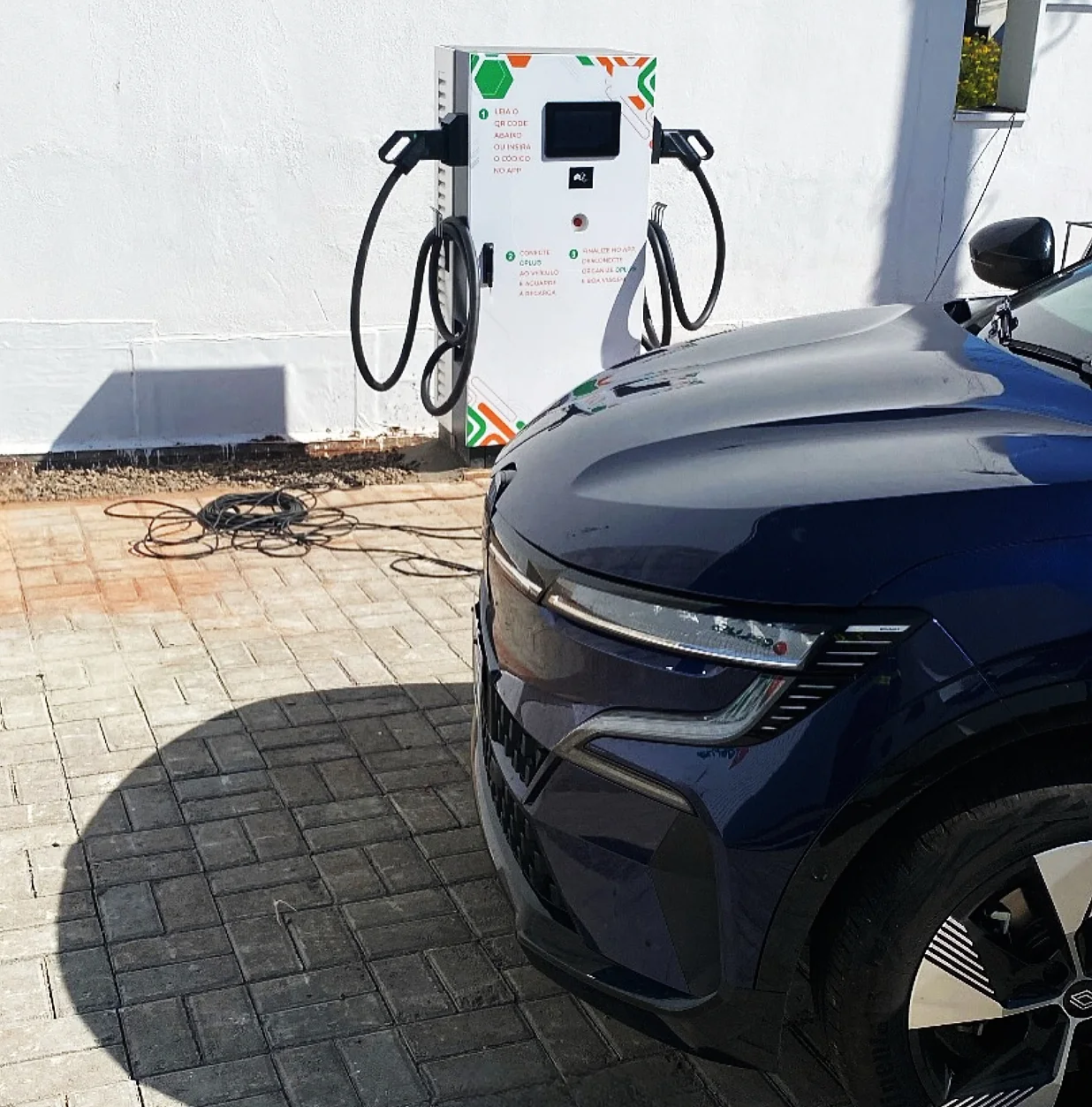DC fast charger Brazil commercial parking installation with a dual-connector charging station beside an electric vehicle